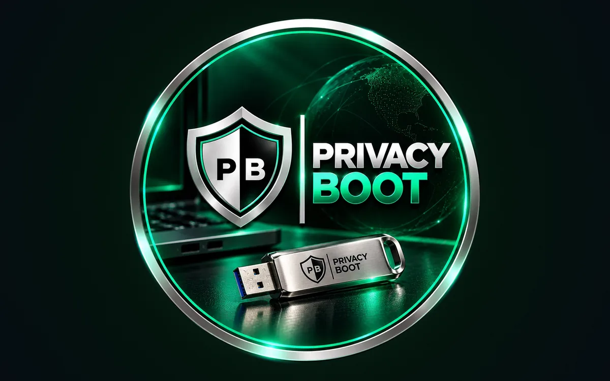 PRIVACYBOOT USB drive engraved with the PB shield logo, in front of a laptop